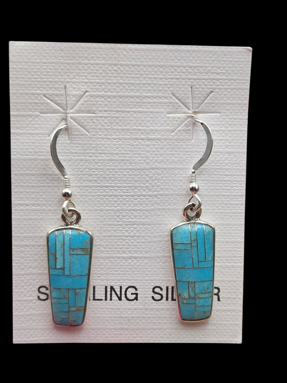 SW Sterling Silver Blue Turquoise Inlay Cylinder Drop Dangle Earrings